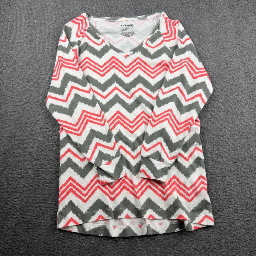 Half Moon Modern Movement Women's M‎ Gray Pink Chevron V-Neck Long Sleeve Top